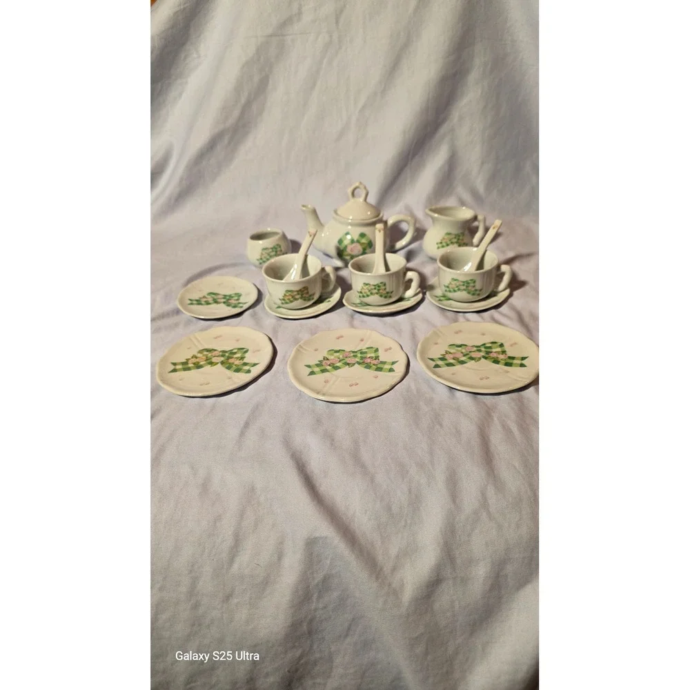 Miniature Porcelain Tea Set Green Gingham Bow Pink Rose Floral 17pc Collection